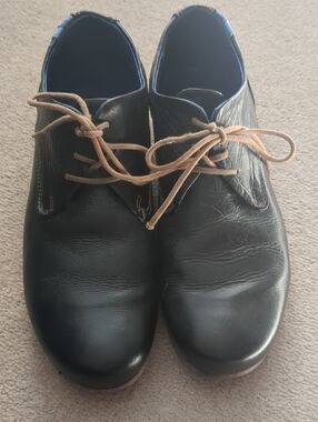 John Fluevog Black Leather Derby Shoes with Tan Laces